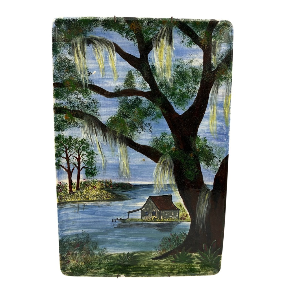 Vintage Hand‎ Painted Ceramic Bayou Wall Plaque Live Oak Spanish Moss 13x8.5